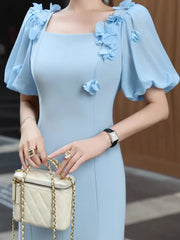 Solid Spliced Appliques Square Neck Short Sleeves High Waist Temperament Dress