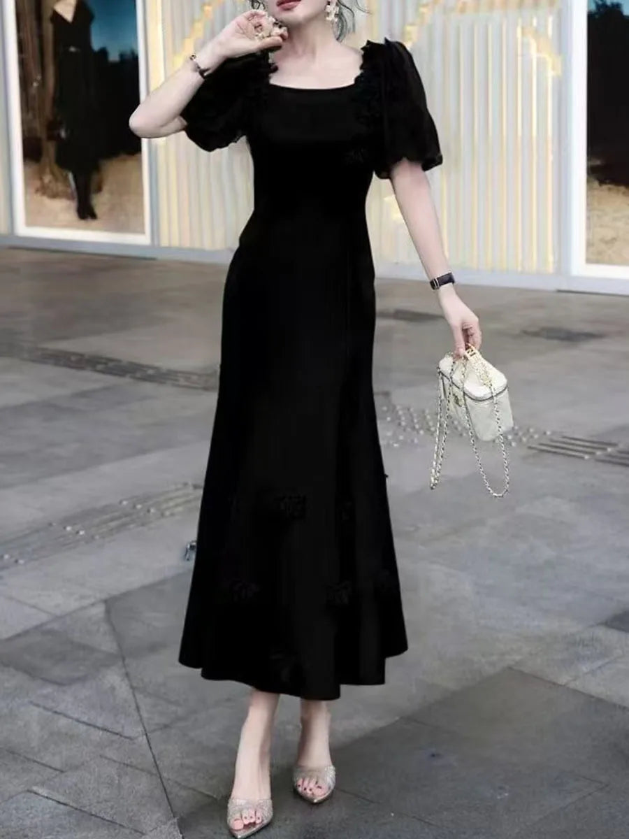 Solid Spliced Appliques Square Neck Short Sleeves High Waist Temperament Dress