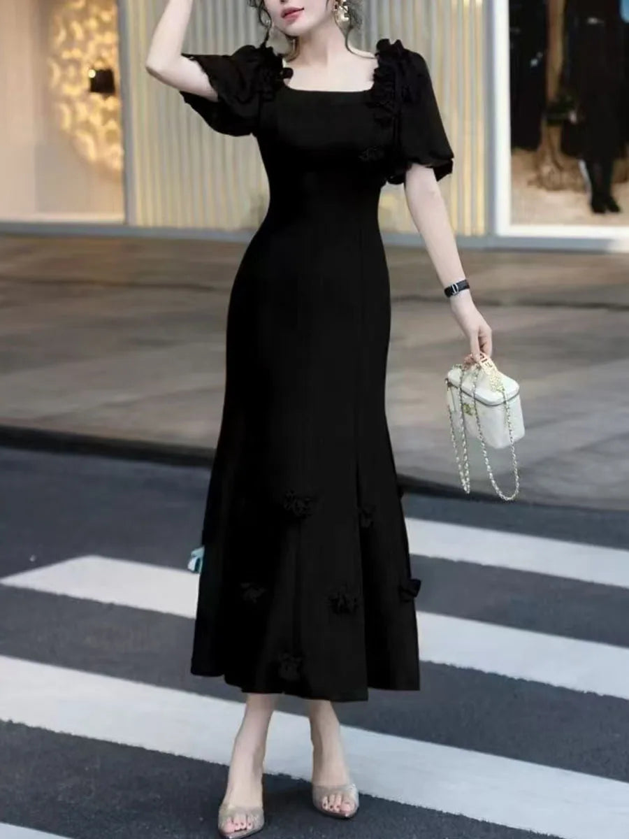 Solid Spliced Appliques Square Neck Short Sleeves High Waist Temperament Dress