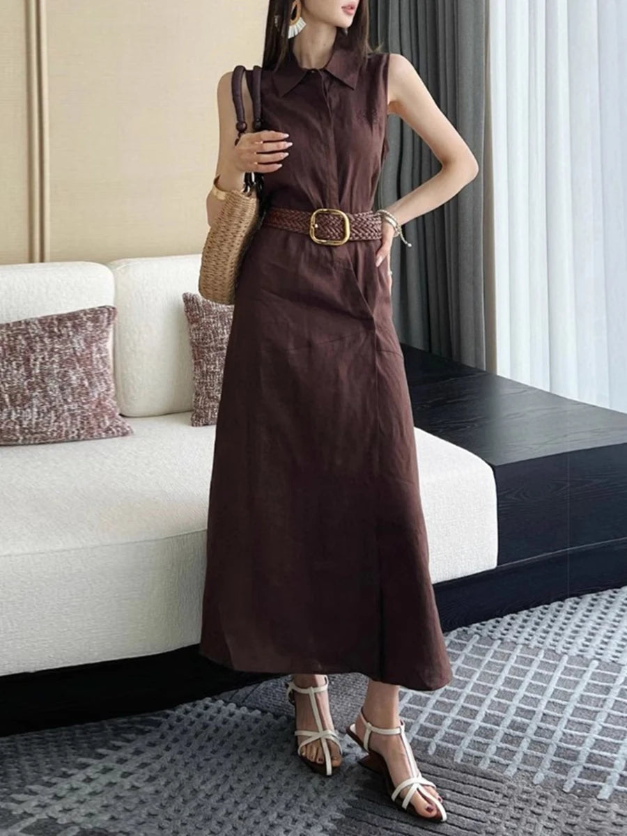 Solid Spliced Belt Slimming Sleeveless High Waist Temperament Long Dress