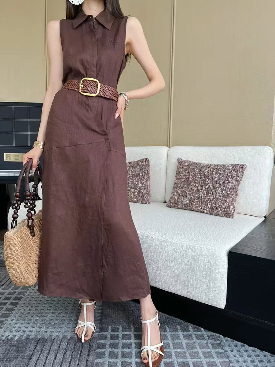 Solid Spliced Belt Slimming Sleeveless High Waist Temperament Long Dress