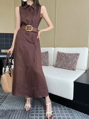 Solid Spliced Belt Slimming Sleeveless High Waist Temperament Long Dress