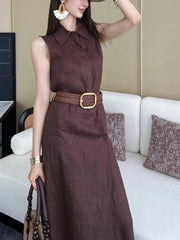 Solid Spliced Belt Slimming Sleeveless High Waist Temperament Long Dress