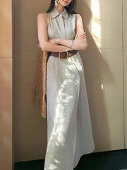 Solid Spliced Belt Slimming Sleeveless High Waist Temperament Long Dress