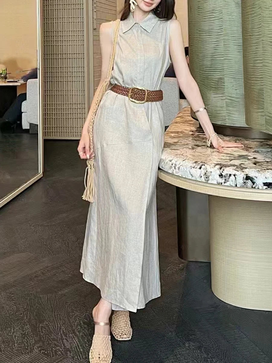 Solid Spliced Belt Slimming Sleeveless High Waist Temperament Long Dress