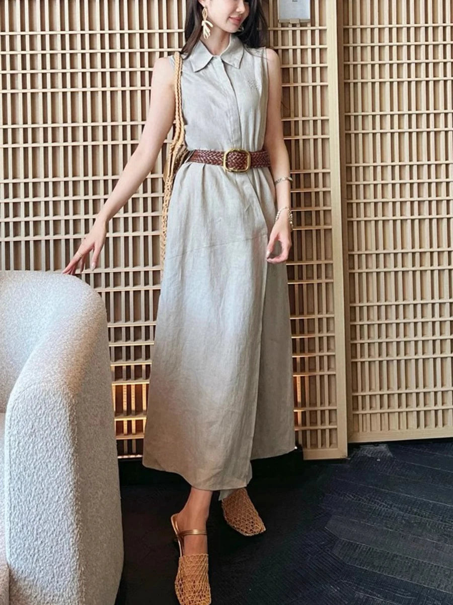 Solid Spliced Belt Slimming Sleeveless High Waist Temperament Long Dress