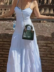 Solid Spliced Button Square Neck Sleeveless High Waist Temperament Dress