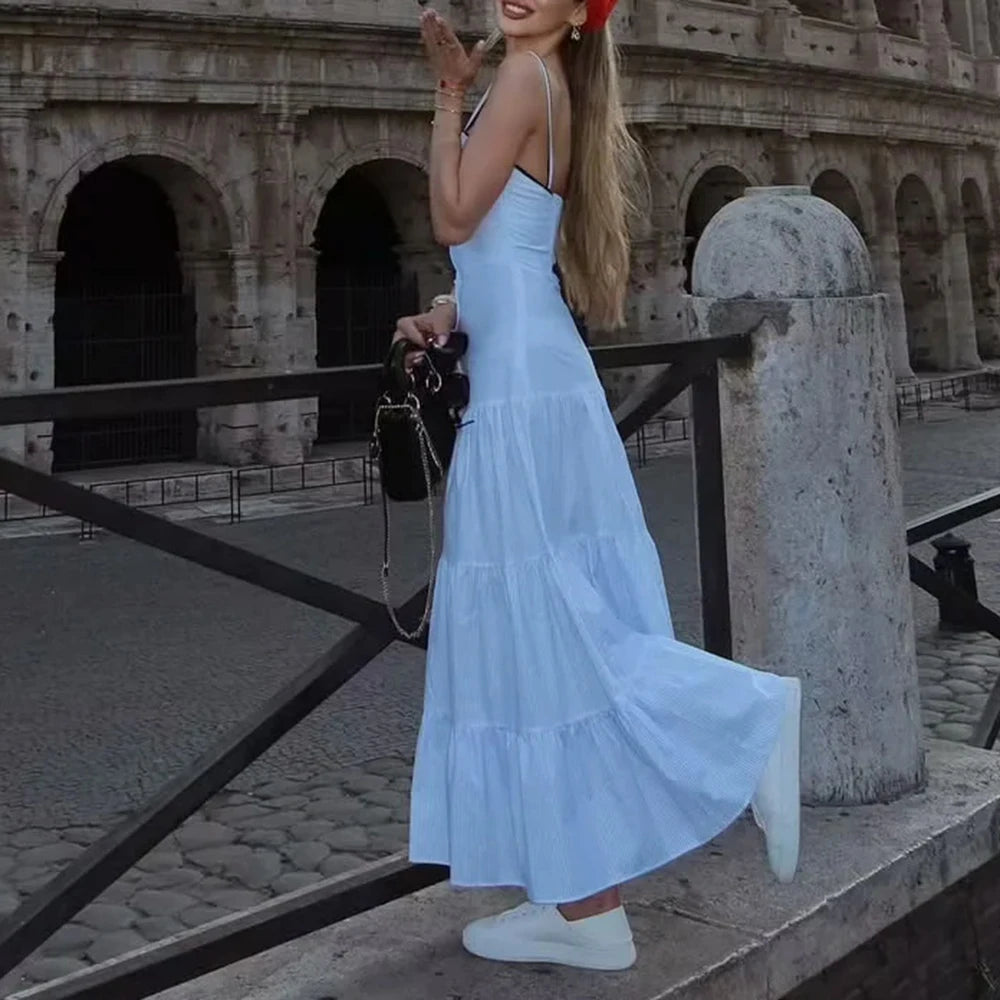 Solid Spliced Button Square Neck Sleeveless High Waist Temperament Dress