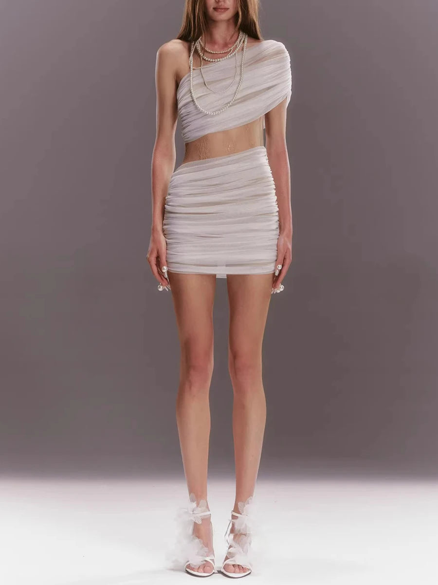 Solid Spliced Folds Slash Neck Sleeveless High Waist Temperament Slimming Dress