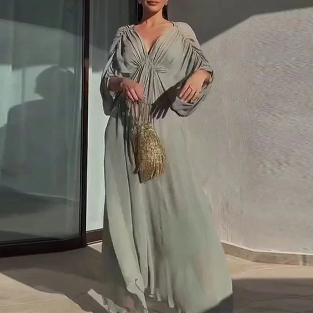 Solid Spliced Folds V Neck Short Sleeve High Waist Temperament Dress