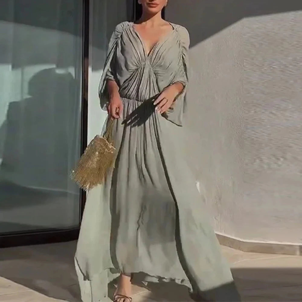 Solid Spliced Folds V Neck Short Sleeve High Waist Temperament Dress