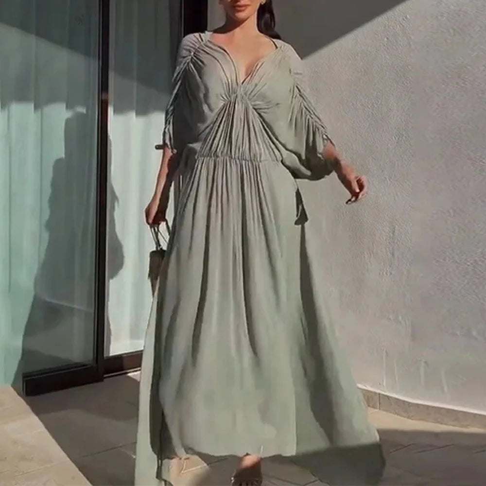 Solid Spliced Folds V Neck Short Sleeve High Waist Temperament Dress
