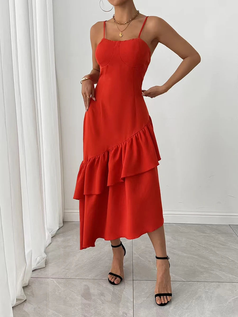 Solid Spliced Ruffles Square Neck Sleeveless High Waist Temperament Dress