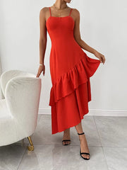 Solid Spliced Ruffles Square Neck Sleeveless High Waist Temperament Dress