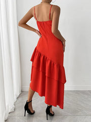 Solid Spliced Ruffles Square Neck Sleeveless High Waist Temperament Dress