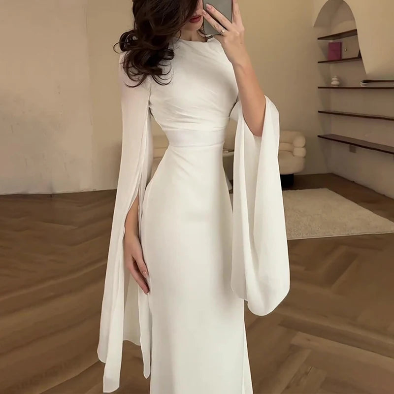 Solid Spliced Satin O Neck Slim Hip Long Batwing Sleeve Hollow Evening Bodycon Dress