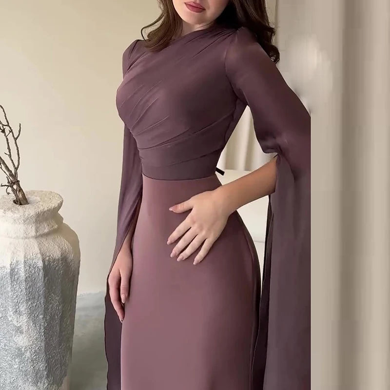 Solid Spliced Satin O Neck Slim Hip Long Batwing Sleeve Hollow Evening Bodycon Dress