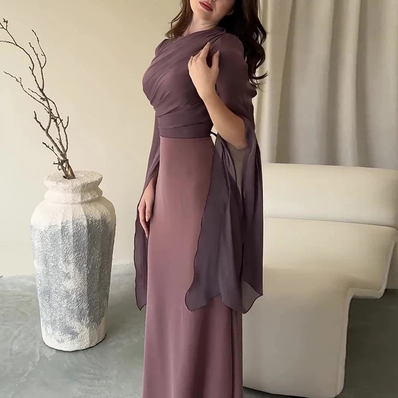 Solid Spliced Satin O Neck Slim Hip Long Batwing Sleeve Hollow Evening Bodycon Dress