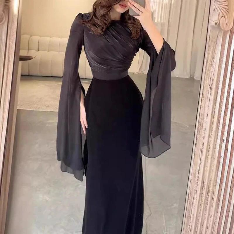 Solid Spliced Satin O Neck Slim Hip Long Batwing Sleeve Hollow Evening Bodycon Dress