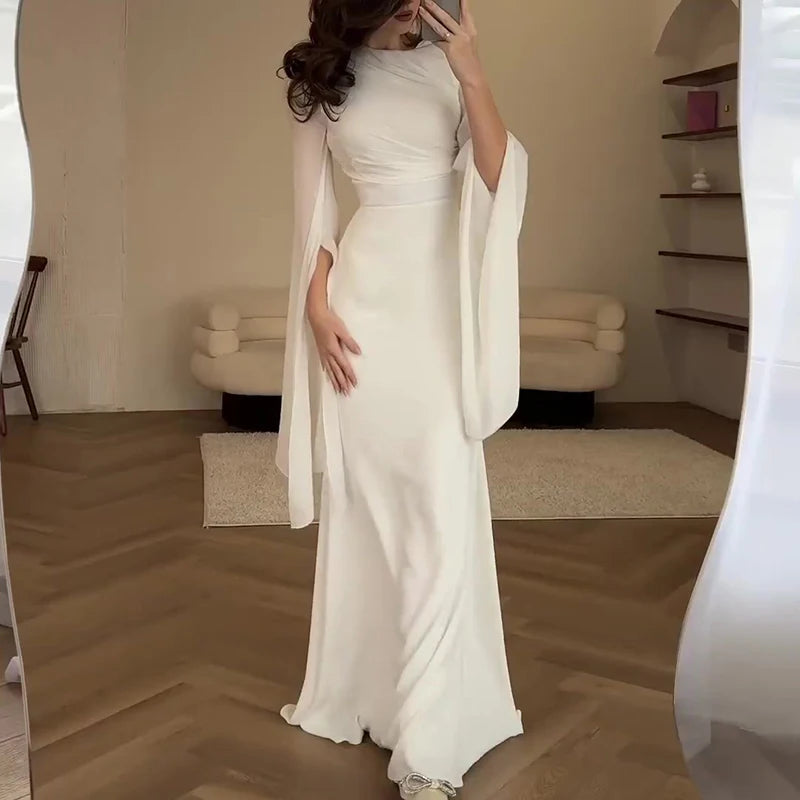 Solid Spliced Satin O Neck Slim Hip Long Batwing Sleeve Hollow Evening Bodycon Dress