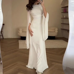 Solid Spliced Satin O Neck Slim Hip Long Batwing Sleeve Hollow Evening Bodycon Dress