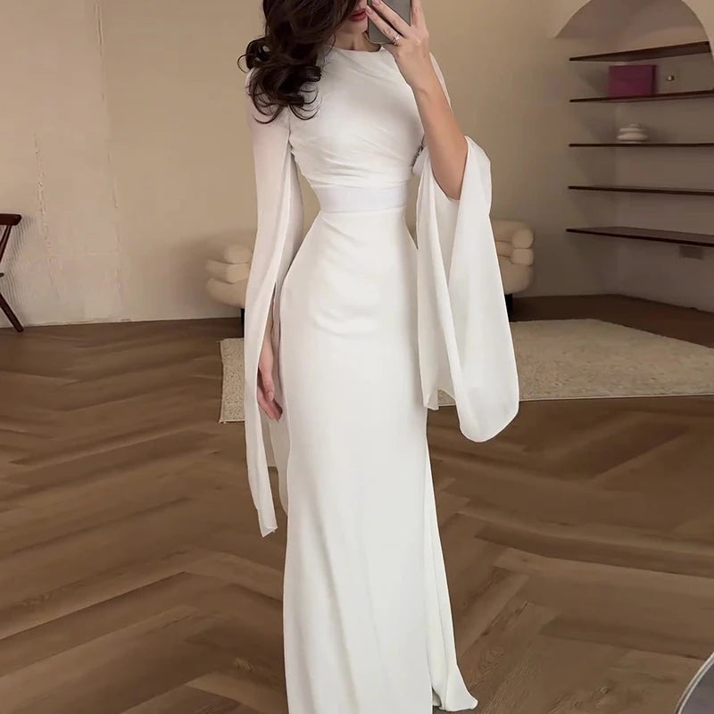 Solid Spliced Satin O Neck Slim Hip Long Batwing Sleeve Hollow Evening Bodycon Dress