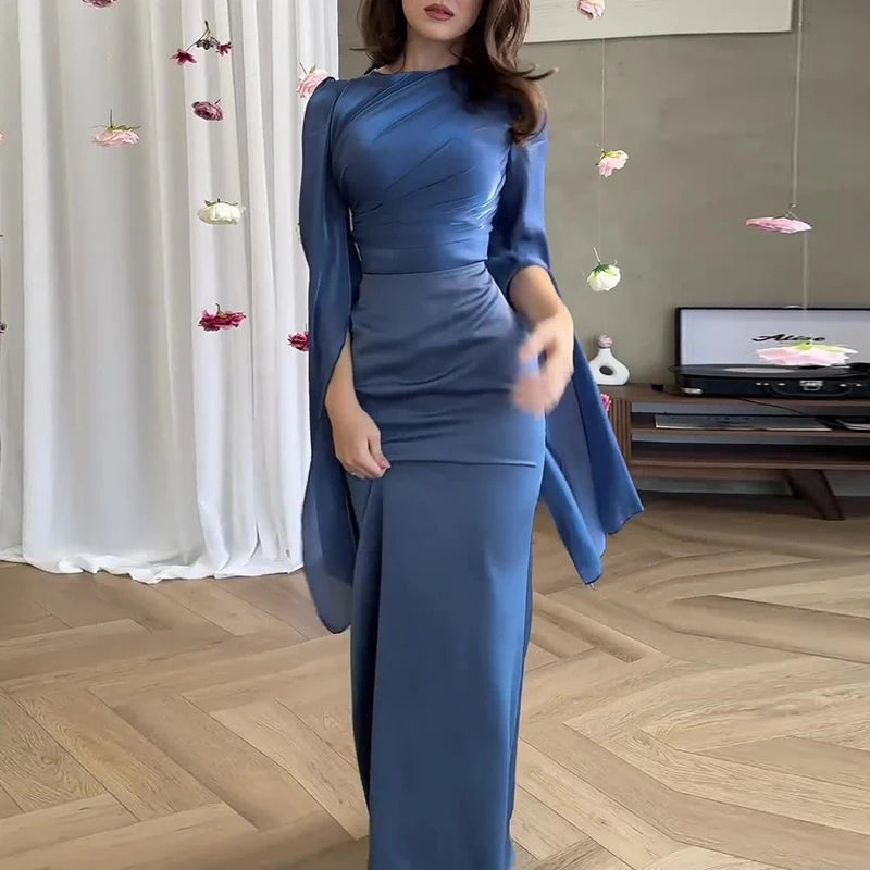Solid Spliced Satin O Neck Slim Hip Long Batwing Sleeve Hollow Evening Bodycon Dress