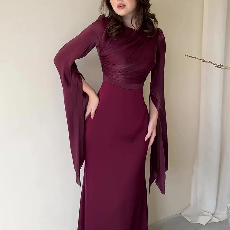 Solid Spliced Satin O Neck Slim Hip Long Batwing Sleeve Hollow Evening Bodycon Dress