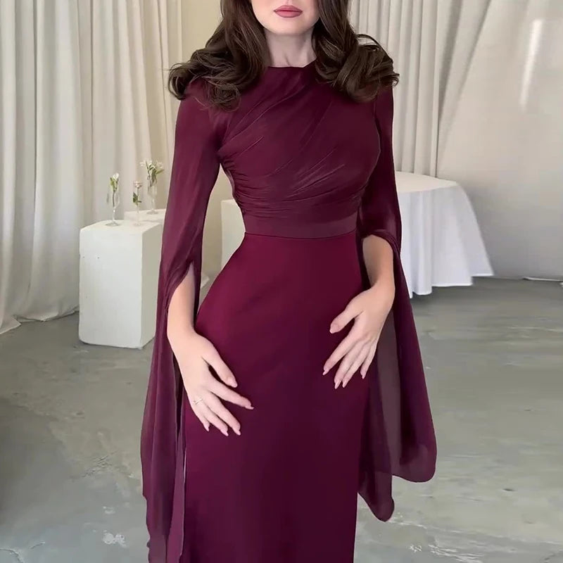 Solid Spliced Satin O Neck Slim Hip Long Batwing Sleeve Hollow Evening Bodycon Dress
