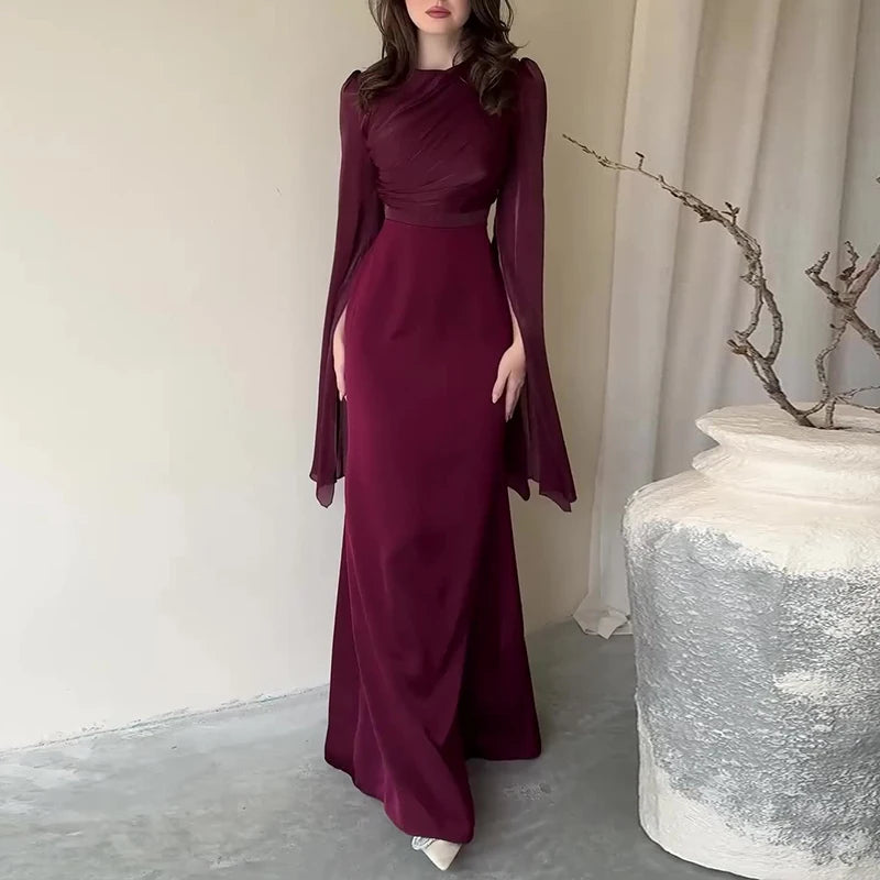 Solid Spliced Satin O Neck Slim Hip Long Batwing Sleeve Hollow Evening Bodycon Dress