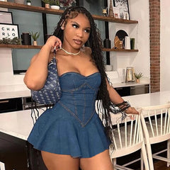 Solid Square Collar sleeveless Wrap Hip Skirt Mini Dress