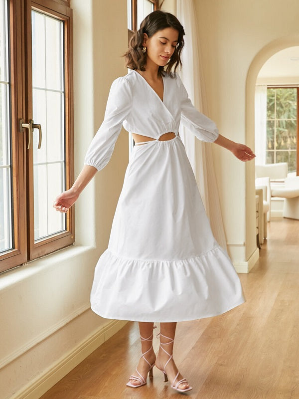 Solid Tie Cut Out Long Sleeve V-neck Dress