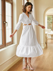 Solid Tie Cut Out Long Sleeve V-neck Dress