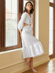 Solid Tie Cut Out Long Sleeve V-neck Dress