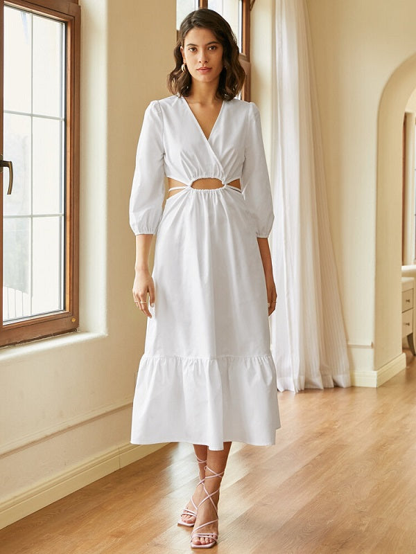 Solid Tie Cut Out Long Sleeve V-neck Dress
