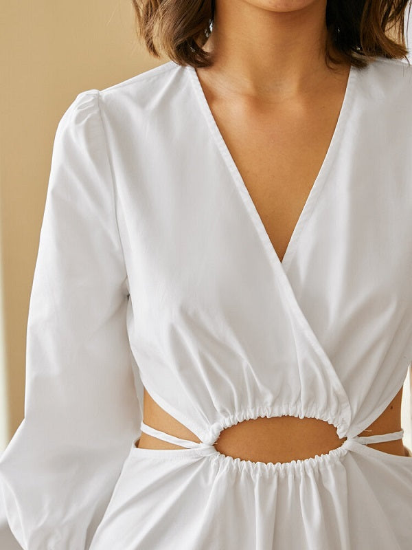 Solid Tie Cut Out Long Sleeve V-neck Dress