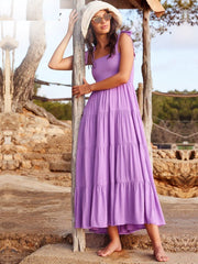 Solid Tie Up Strapless Square Collar Long Dress