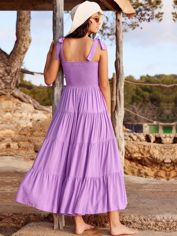Solid Tie Up Strapless Square Collar Long Dress