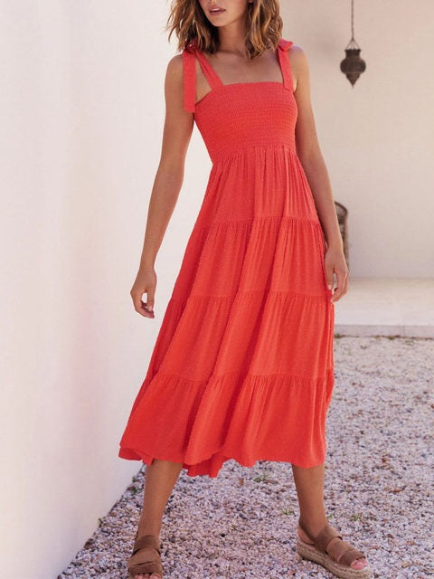 Solid Tie Up Strapless Square Collar Long Dress