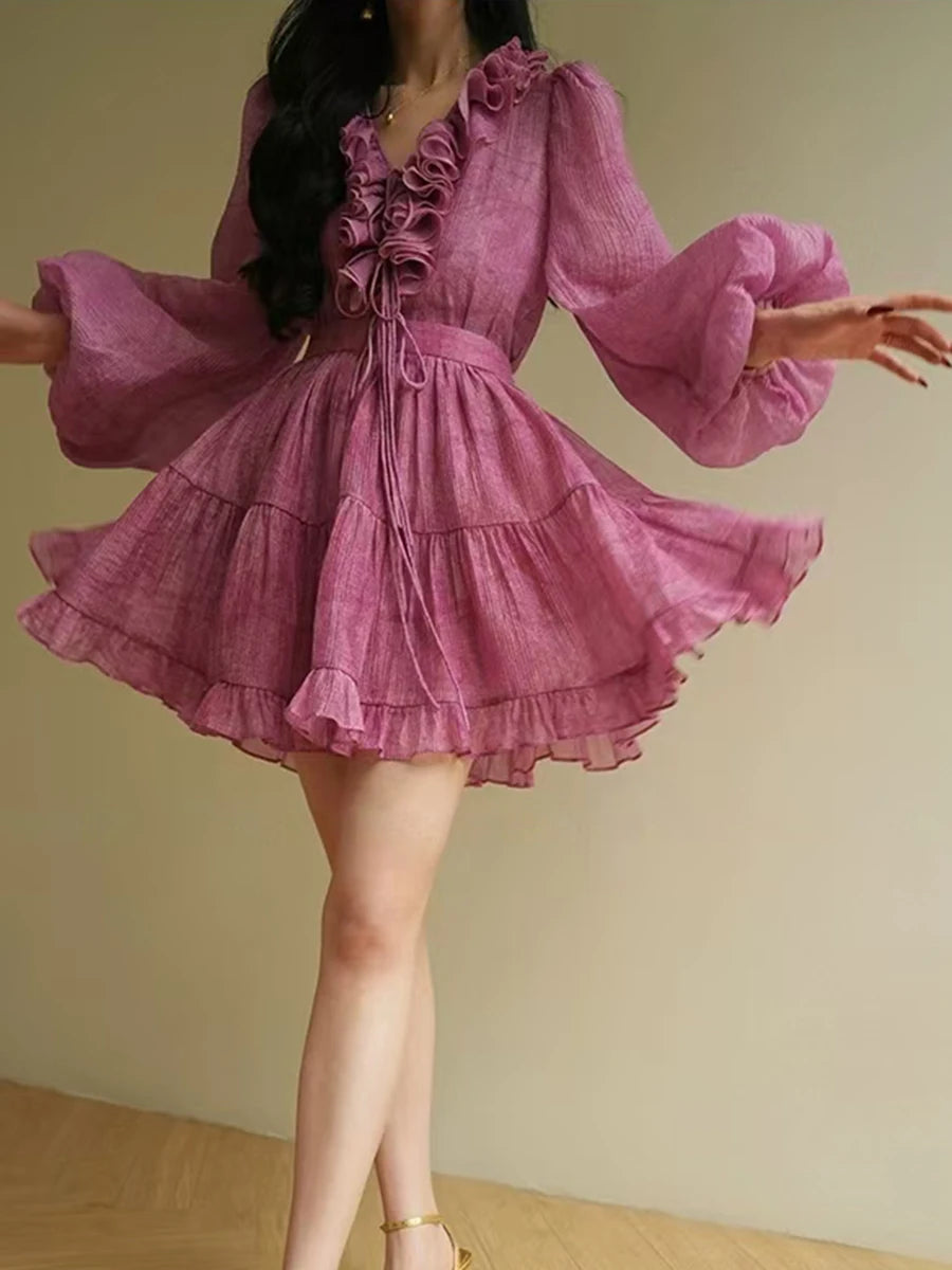 Solid Two Piece Set V Neck Long Sleeve Top High Waist Temperamment Skirt Elegant Sets