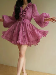 Solid Two Piece Set V Neck Long Sleeve Top High Waist Temperamment Skirt Elegant Sets
