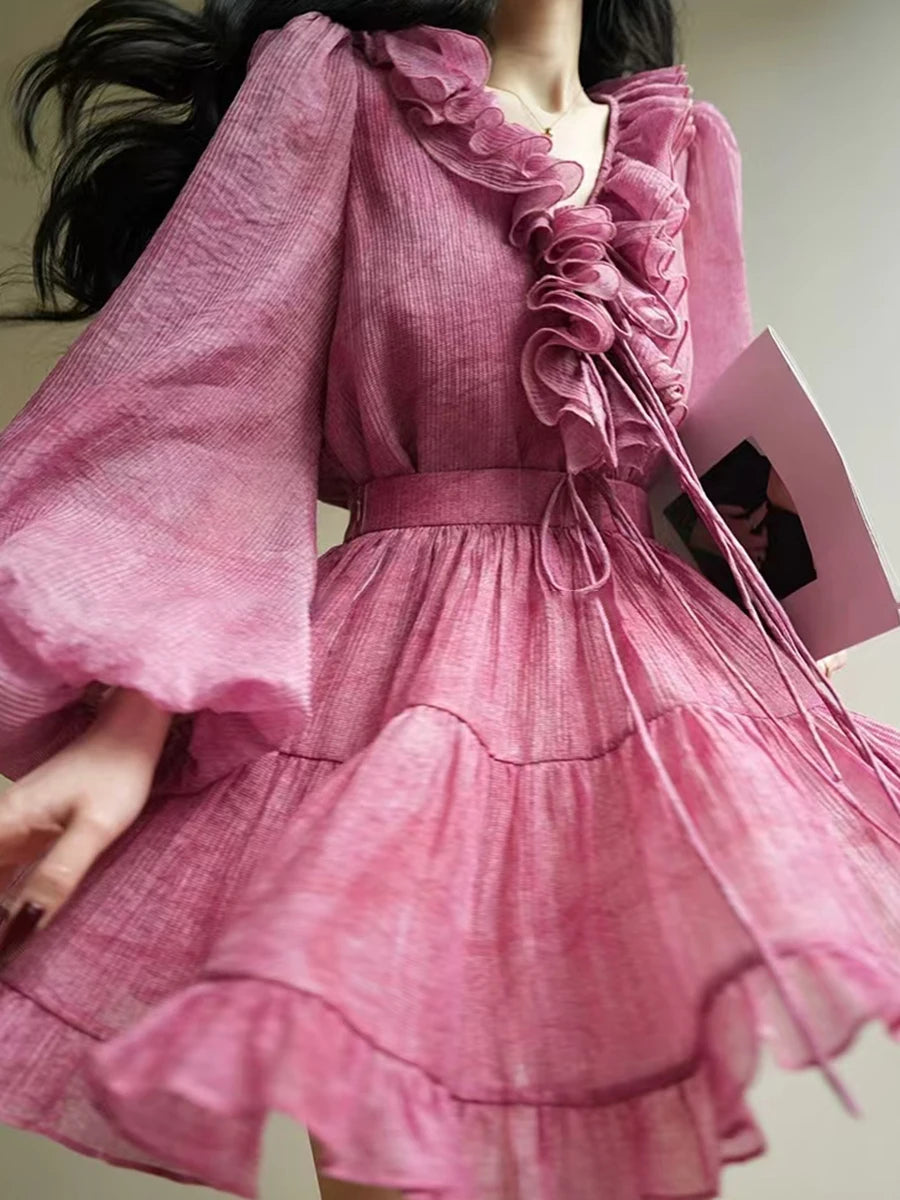 Solid Two Piece Set V Neck Long Sleeve Top High Waist Temperamment Skirt Elegant Sets