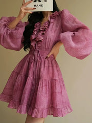 Solid Two Piece Set V Neck Long Sleeve Top High Waist Temperamment Skirt Elegant Sets