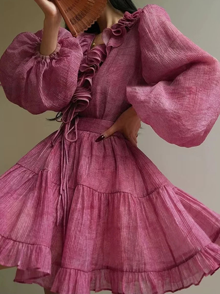 Solid Two Piece Set V Neck Long Sleeve Top High Waist Temperamment Skirt Elegant Sets