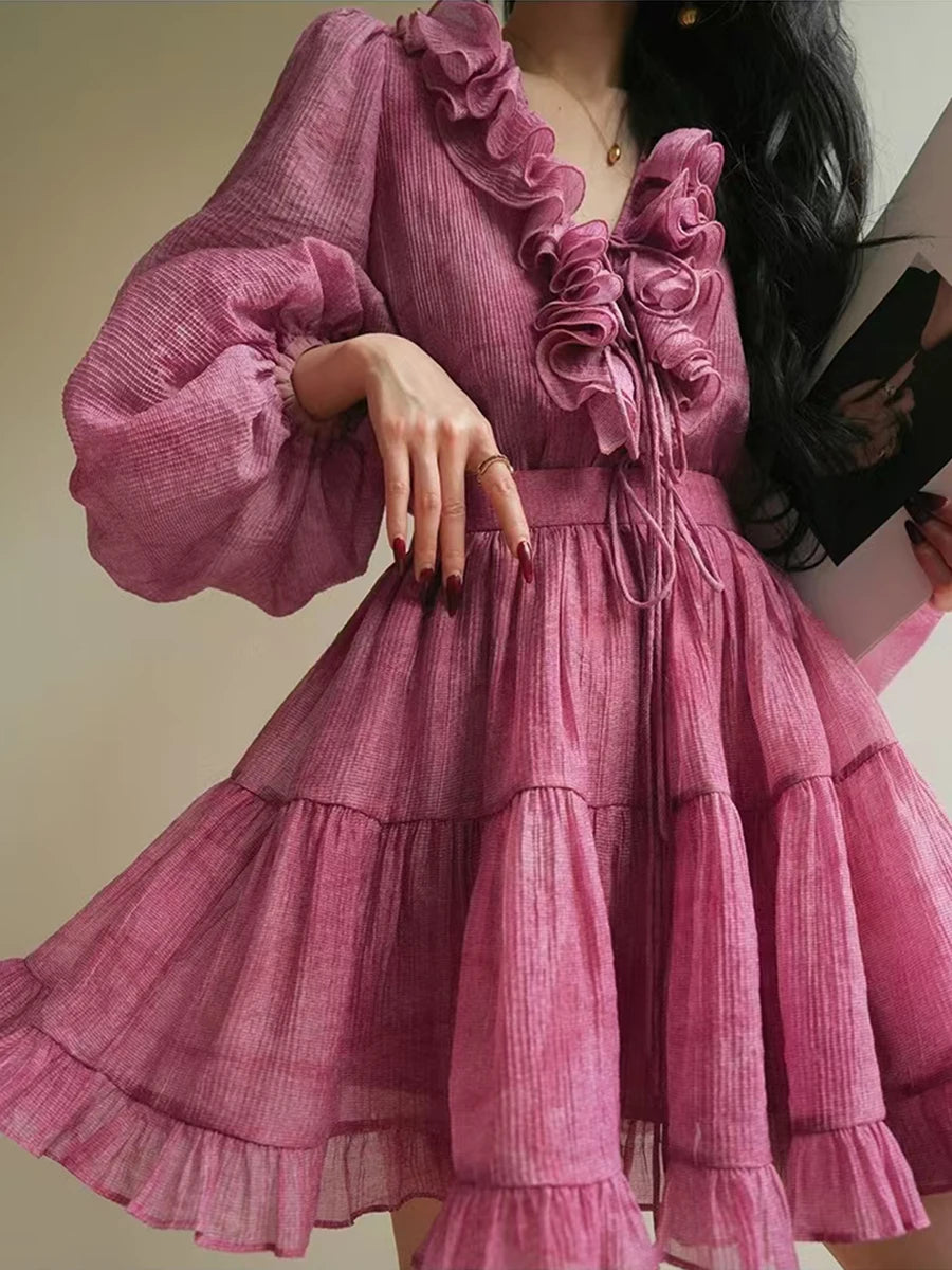 Solid Two Piece Set V Neck Long Sleeve Top High Waist Temperamment Skirt Elegant Sets