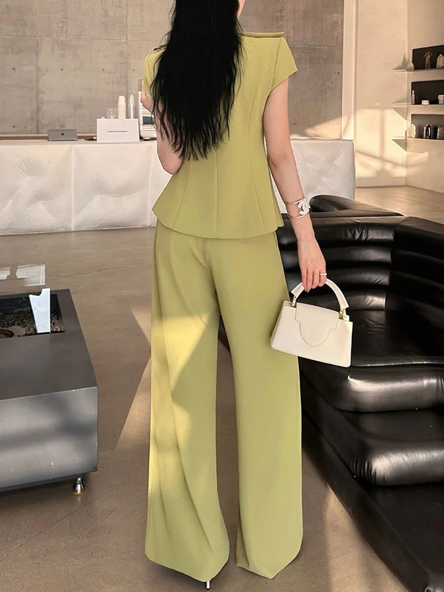 Solid V Neck Short Sleeve Tunic Top High Waist Pant Two Piece Set