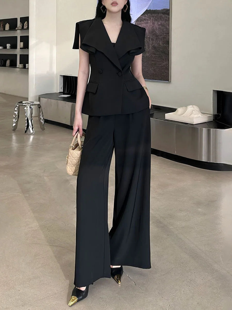 Solid V Neck Short Sleeve Tunic Top High Waist Pant Two Piece Set