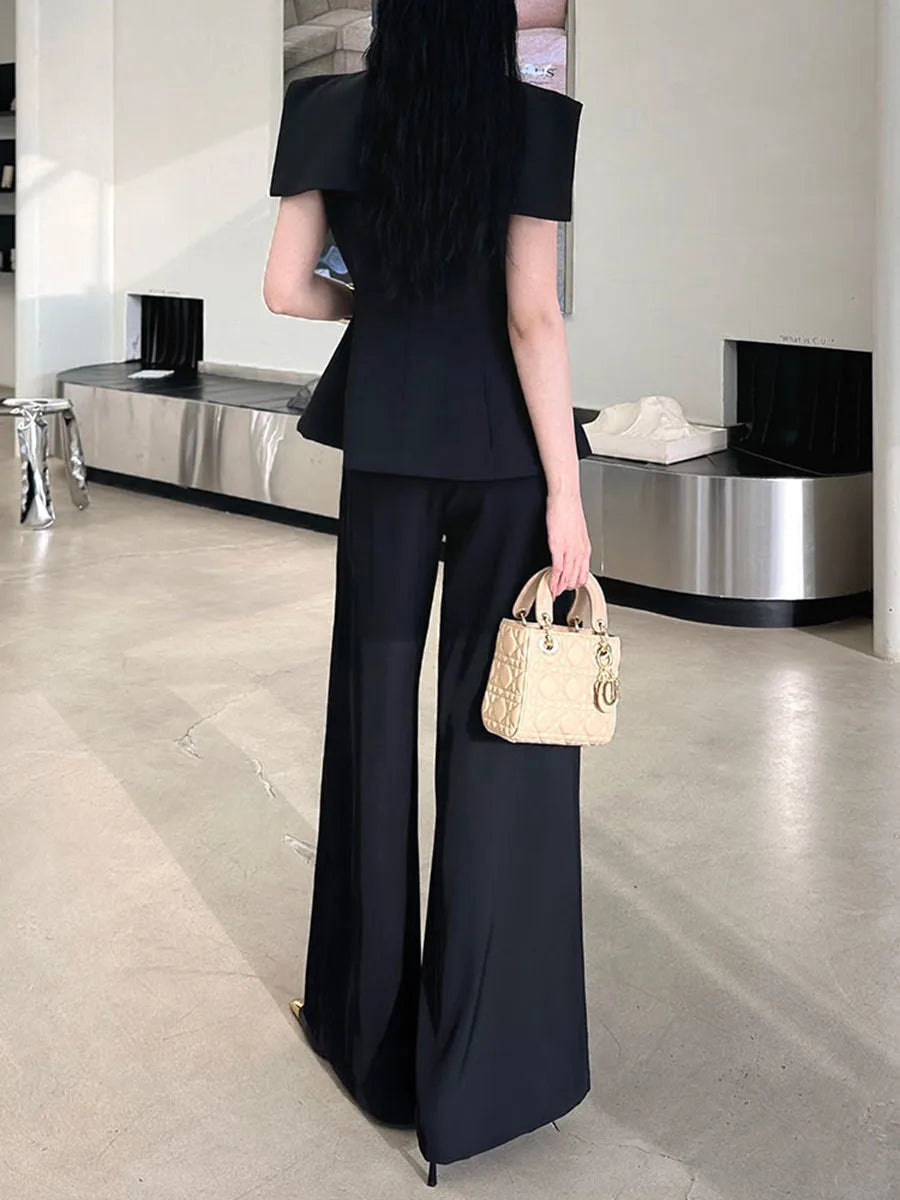 Solid V Neck Short Sleeve Tunic Top High Waist Pant Two Piece Set