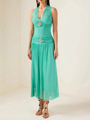 Solid V Neck Sleeveless High Waist Temperament Long Dress