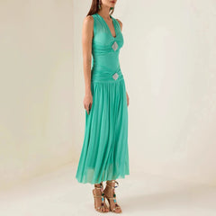 Solid V Neck Sleeveless High Waist Temperament Long Dress